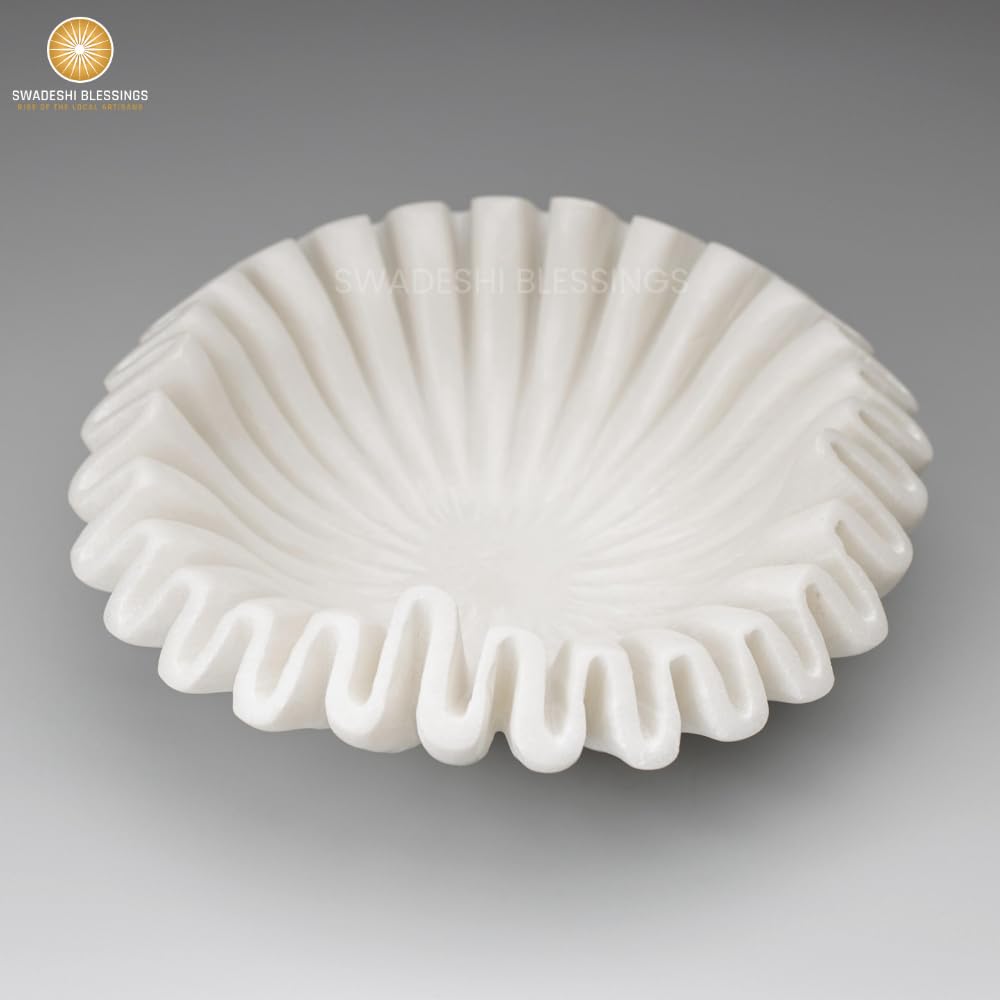 SWADESHI BLESSINGS HandCrafted Marble Ruffle Bowl, Large Decorative Bowl for Home Decor, Key Bowl for Entryway Table, Scalloped Bowls for Dining Table Centerpiece Decor, Catch All Bowls, 9"