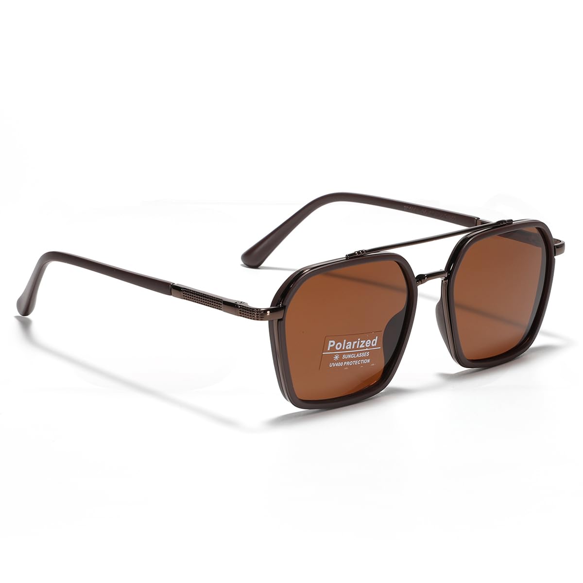 Metal Square Frame Sunglasses Big Tr90 Double Bridge Polarized Sun Glasses TAC Lens Unisex Glasses, Brown