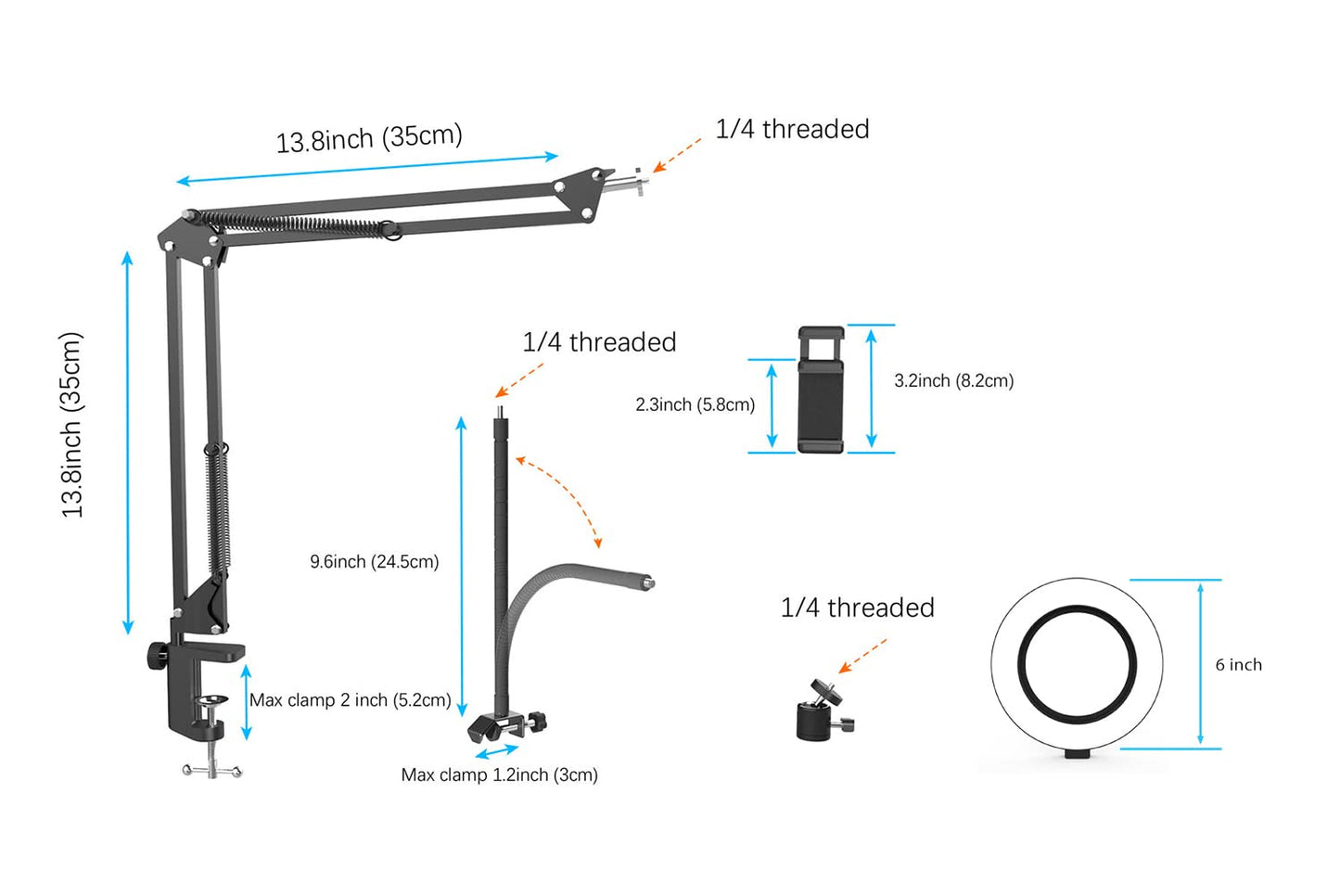 Overhead Phone Mount with Ring Light, Flexible Articulating Phone Arm Stand Compatible with iPhone, Logitech Webcam, Desk Tripod for YouTube Live Stream Cooking Nail Video Recording