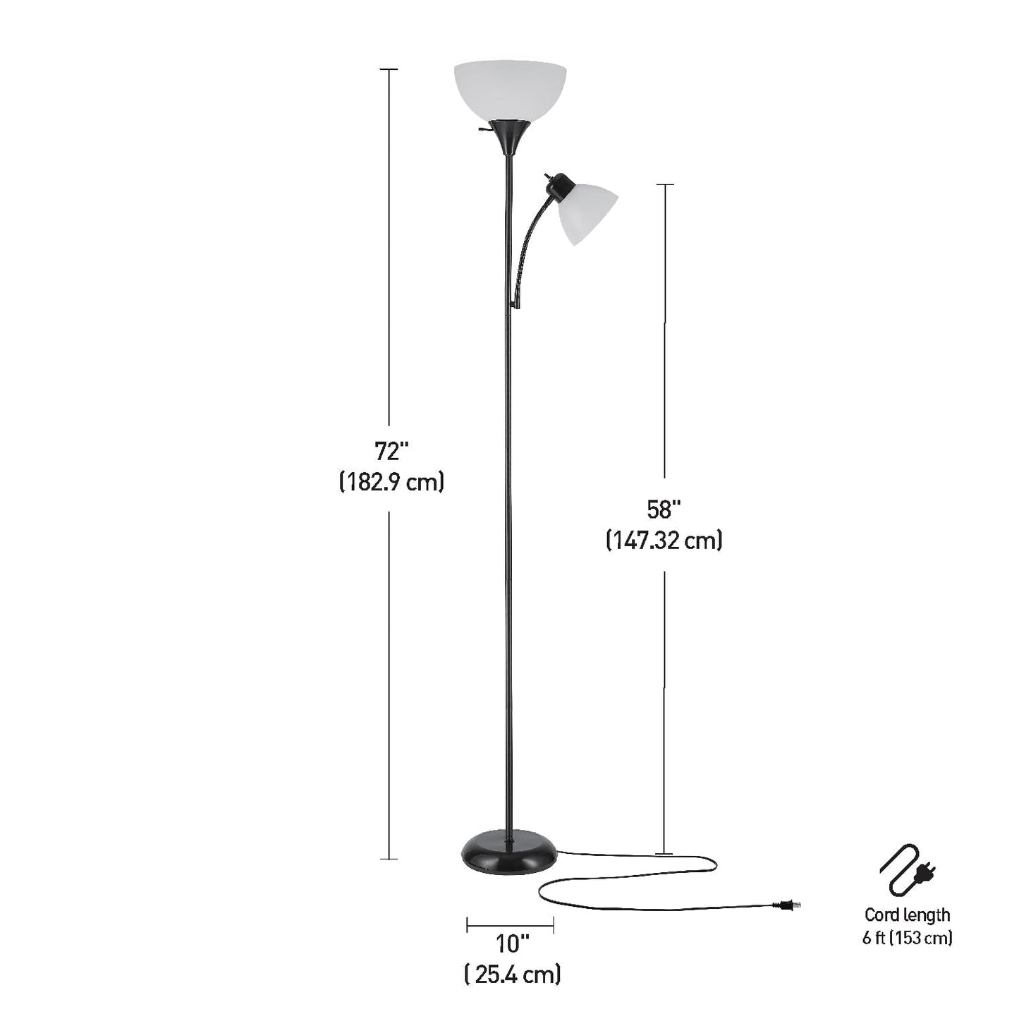 Globe Electric 67135 72" Floor Lamp with Adjustable Reading Light, Bright, Easy-to-Assemble Torchiere for Bedroom, Living Room & Office - Space-Saving Slim Design