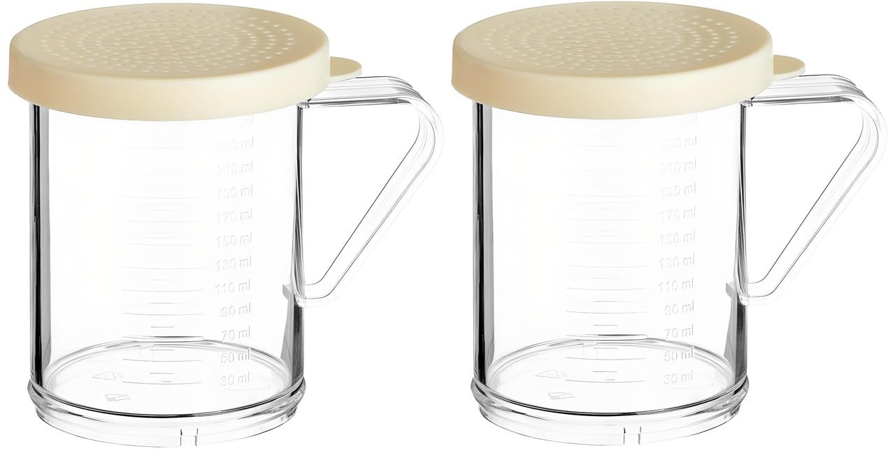 OCS Parts 2-Pack 10 OZ Shaker with 2 Millimeter Perforated Beige Lid | 3.75" Plastic Shakers with Ounce and Millimeter Measurements for Medium-Ground Spices, Salt, Pepper, Dredges, Rubs and Powders