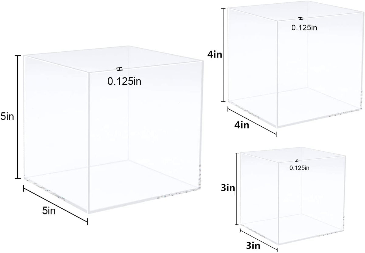 Clisela 3pcs Acrylic Cube Display Stands Box Risers with Hollow Bottoms, Food Risers for Buffet Table, Decorative Display Stand Shelf for Dessert Collectibles Jewelry Figures Show - Clear 3" 4" 5"