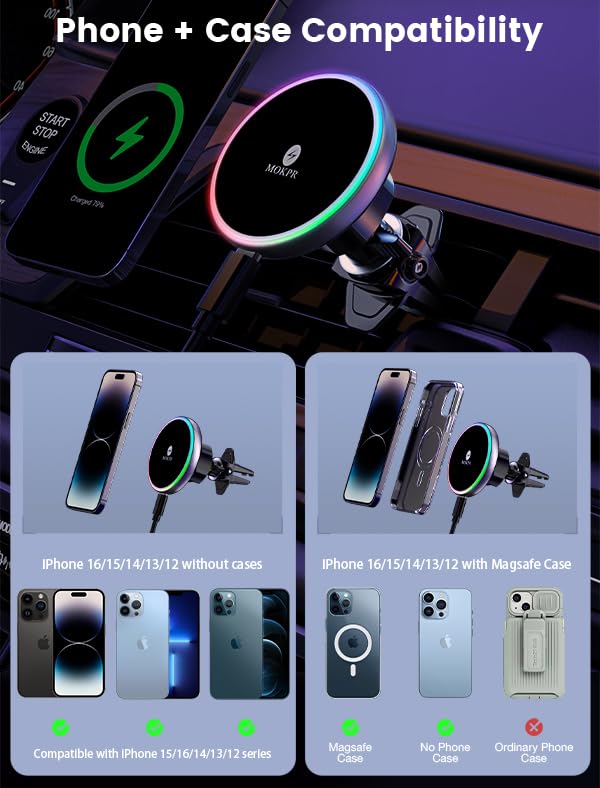 MOKPR for Magsafe Car Mount Charger, 15W Magnetic Wireless Car Charger, Air Vent/Dashboard for Magsafe Phone Holder Fits iPhone 16/15/14/13/12