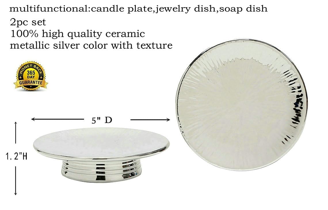 Metallic Silver Ceramic Candle Plate and Jewelry Dish Set of 2, 5" Diameter