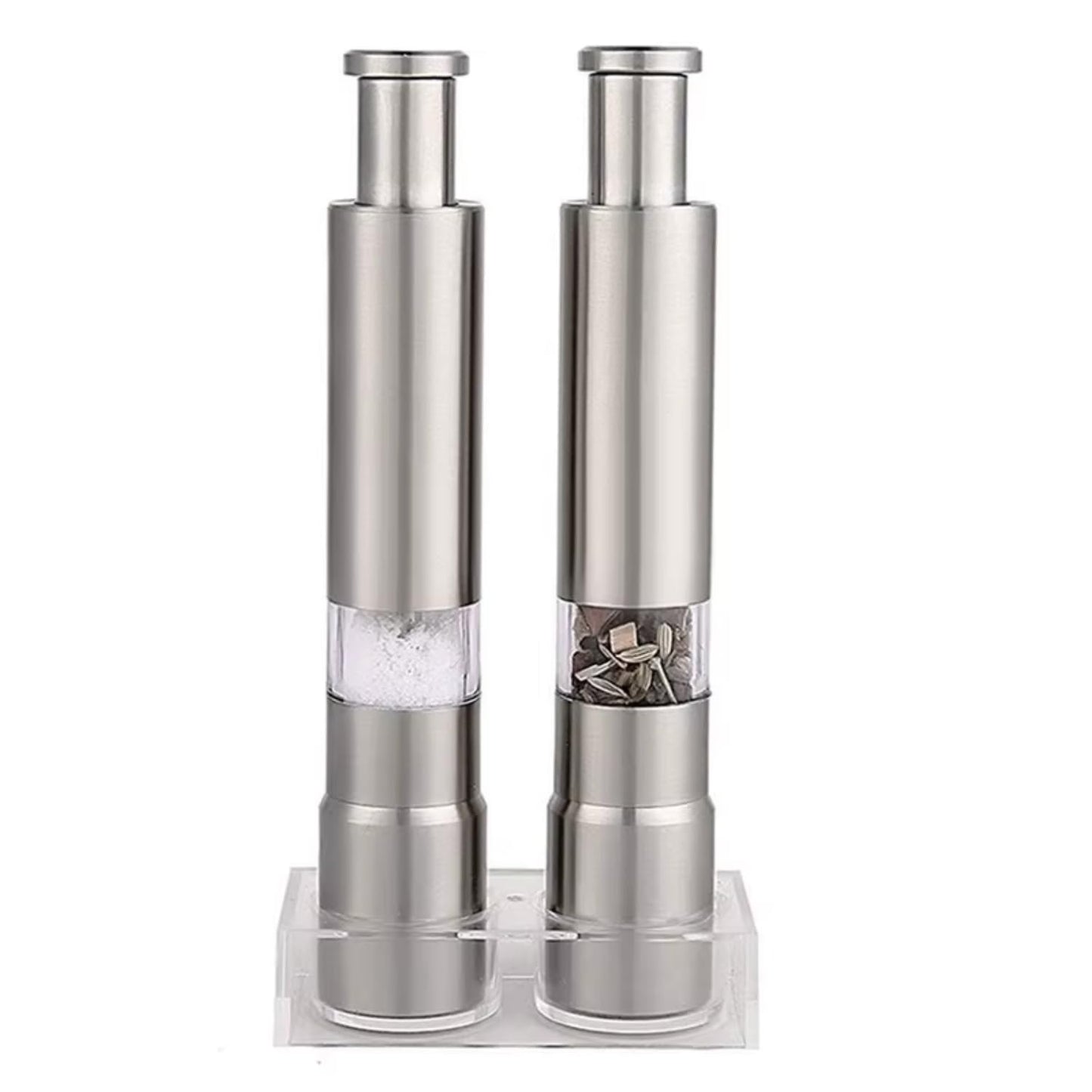 Salt and Pepper Grinder Set Manual Stainless Steel, Refillable Pepper Grinder and Salt Grinder with Acrylic Base, Salt & Pepper Mill Set