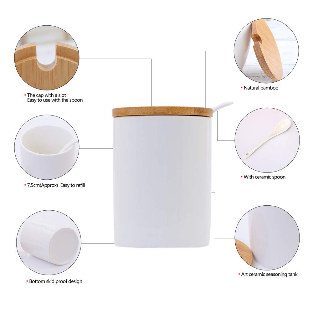 Lucky Goddness Ceramic Sugar Bowls with Bamboo Lids and Spoons-June Sky Muti-Functional Round Condiment Jar for Home- Spice Storage Canister,10.8 oz 320 ML,3 Pcs Set