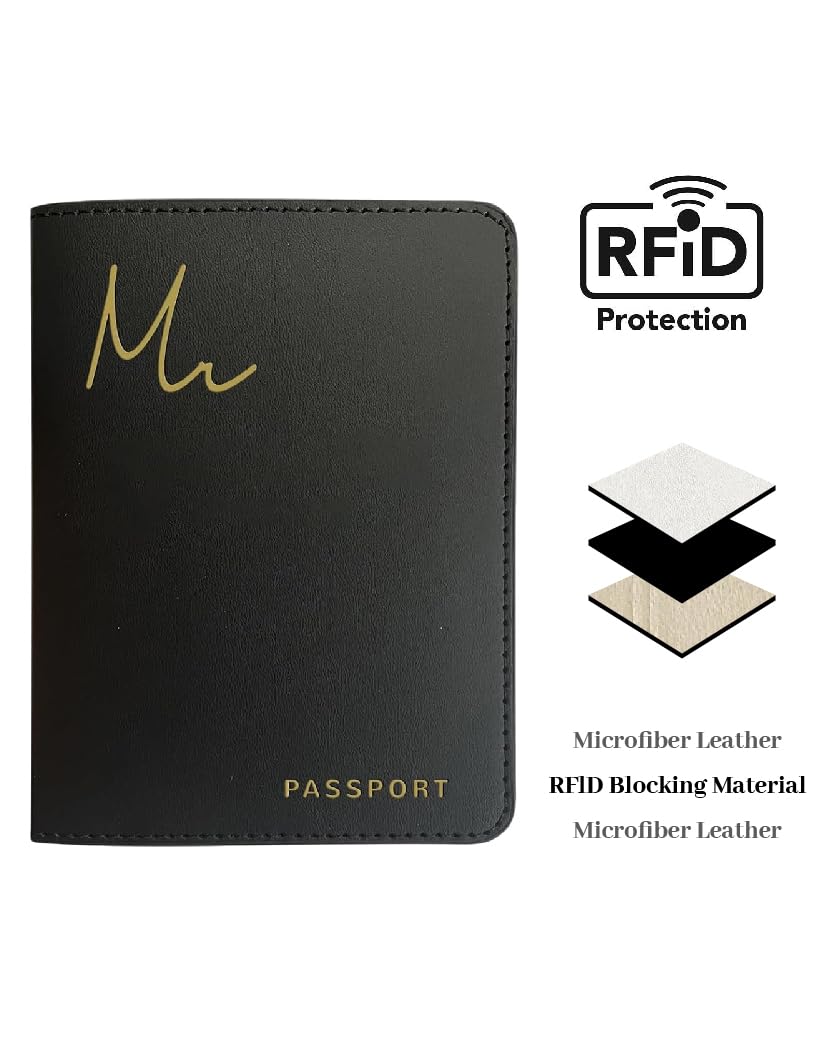 HubbyWifeyGifts Mr and Mrs Passport Holder Set, PU Leather Passport Cover with RFID Blocking, Honeymoon Essentials for Travel, Engagement Gifts for Couples
