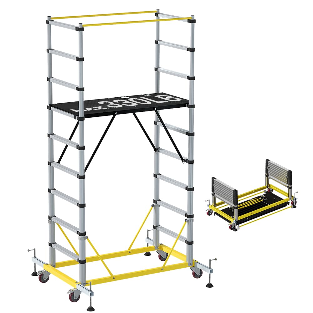 APARECIUM 10' Aluminum Scaffold Tower, Multipurpose Rolling Scaffolding Work Platform, Utility Scaffolding Tower, Adjustable Work Platform with Hatch Deck and Guard Rail, 500 Lbs Duty Rate