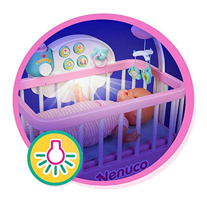 Nenuco - Good sleep cradle, interactive cot with lights and sounds, with a soft body doll for the youngest children and accessories such as bottle and soother, Famosa (700017203)
