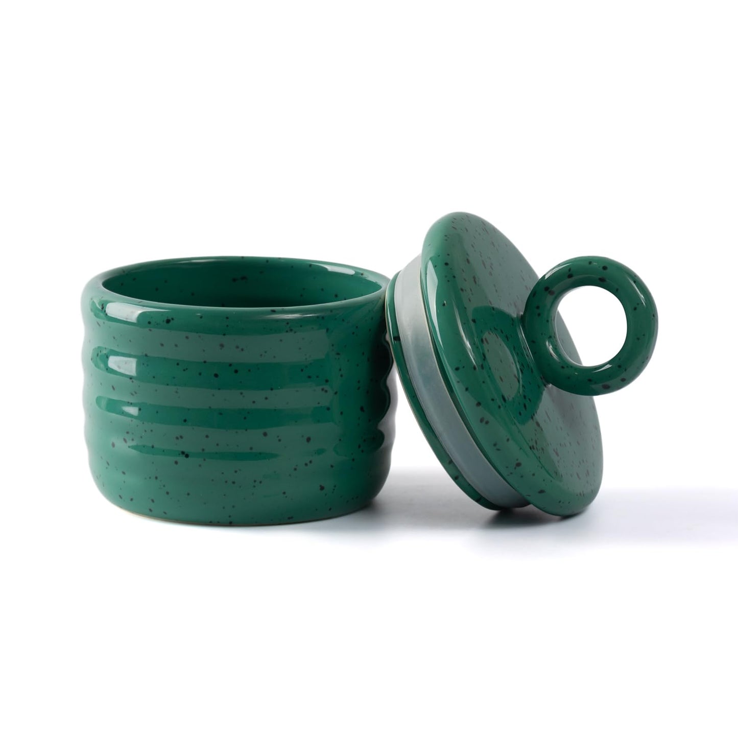 Salt Cellar Keeper with Ceramic Lid, Big Capacity Ceramic Sugar Bowls Pepper Box, Speckled Glaze Seasoning Container Condiment Pot for Kitchen (Green)