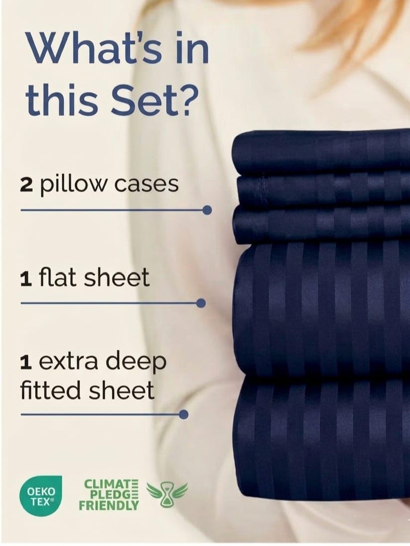 SHAC HOMES King Sheet Set 4 Piece – Oeko-TEX Certified, Soft Brushed Microfiber, Deep Pocket 8"–12", Wrinkle & Fade Resistant, Breathable Cooling Sheets, Hotel Dobby Stripe – Navy Blue