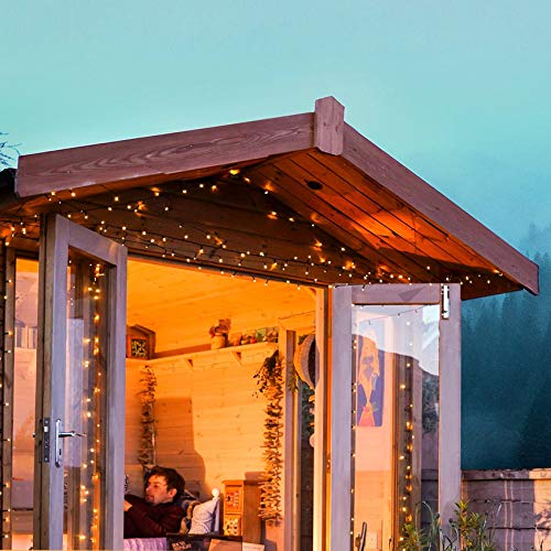 Festive Lights - 10m Solar Power Multi Function Fairy String Lights with 100 Warm White LEDs - IP44 Rated, Outdoor Decorative Lighting - External Panel, Black Cable, Garden Trees, Fences & Pergolas