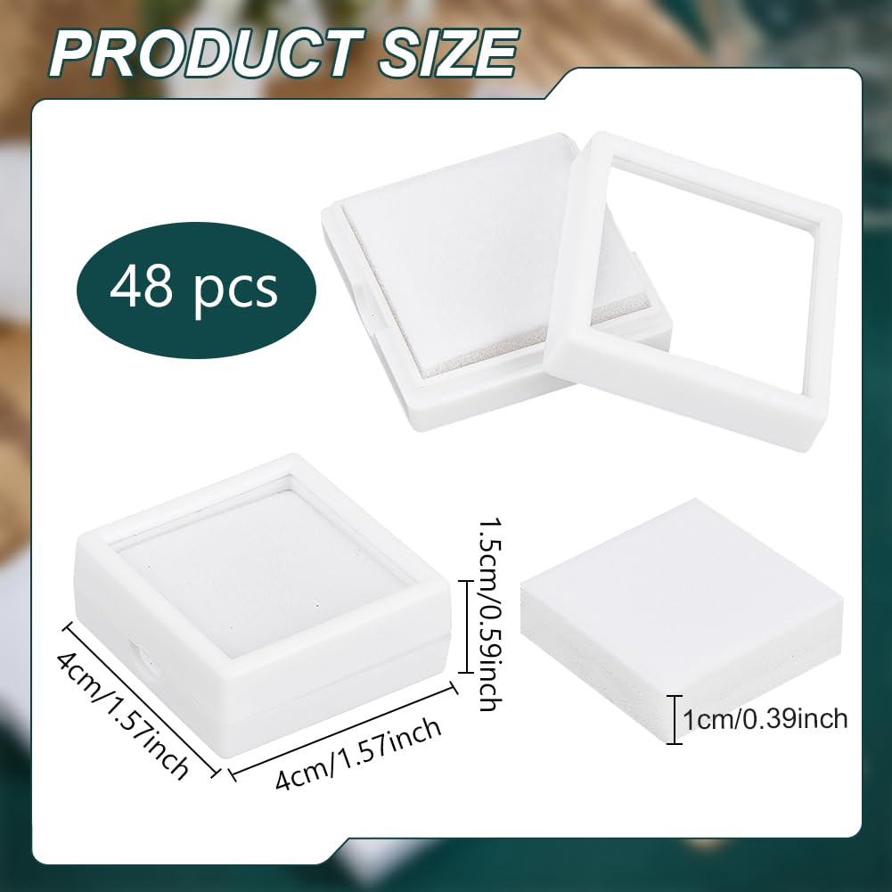 BENECREAT 48Pcs White Gemstone Display Box, 1.57x1.57x0.6Inch Plastic Transparent Bare Stone Box Square Gem Box with Clear Top Lids for Gems Jewelry Packing