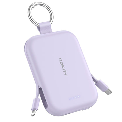 RORRY Portable Charger, 5000mAh Portable Charger Power Bank with Built-in Cables, Travel Keychain Charger Battery Pack for iPhone 17/16/15/14/13/12, for AirPods 2/3/4/Pro, Purple
