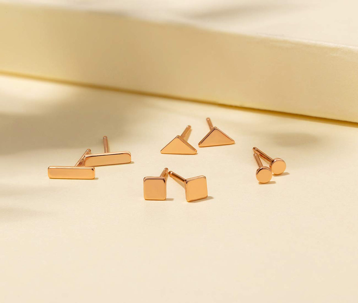 Sterling Silver Stud Earrings for Women Men- 4 Pairs of Hypoallergenic Simple Geometric Small Stud Earring Set Tiny Circle Triangle Square Bar Stud Earrings Mini Cartilage Tragus Earrings(Rose Gold)
