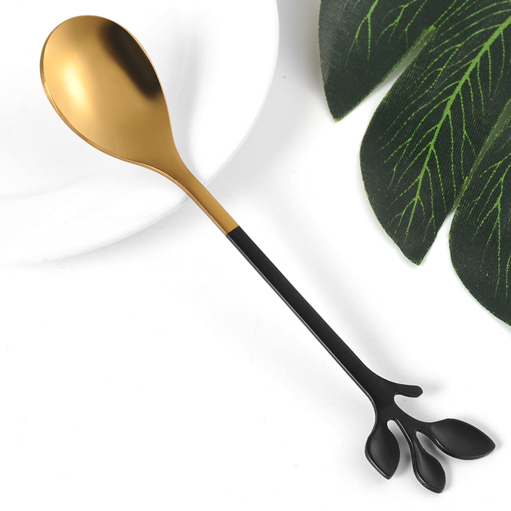 AnSaw Elegant Black & Gold Leaf Coffee Spoons - 10-Piece, 4.7" Mini Spoon