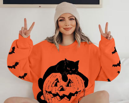 UNIQUEONE Black Cat on Pumpkin Sweatshirt Women Halloween Sweatshirts Pumpkin Face Tee Lightweight Pullover Tops