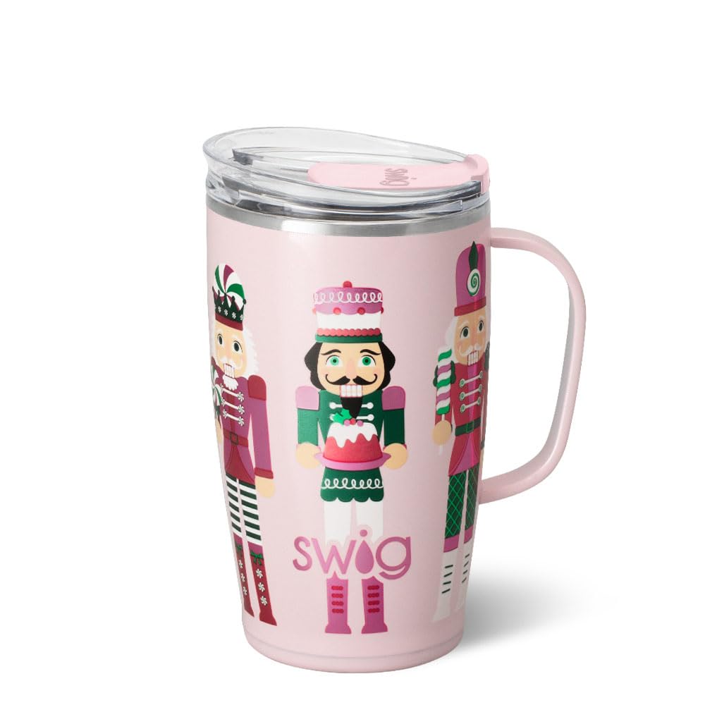 Swig Life 18oz Travel Mug, Insulated Tumbler with Handle and Lid, Travel Coffee Mug, Cup Holder Friendly, Stainless Steel 18 oz Tumbler, Nutcracker Insulated with Lid (Sugar Plum Soldiers)