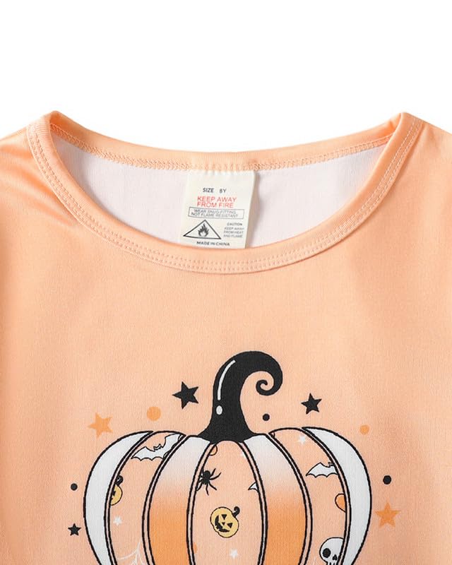 MyFav Halloween Girl Pajamas Set Cute PJS Short Sleeve Long Pants Sleepwear Crew Neck Kid PJS Night Clothes,Light Orange,10Y