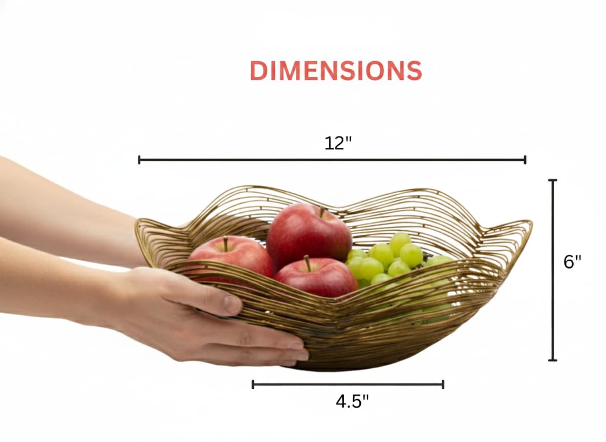 Mela Artisans 12 in Wide x 6 in Tall Gurez Valley Gold Metal Fruit Basket – Decorative Gold Wire Fruit Bowl for Kitchen Counter, Snacks, Flowers and Home Decor