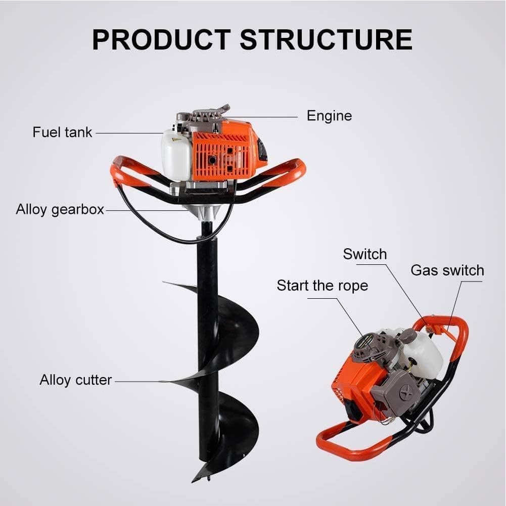 PRIJESSE 85cc Post Hole Digger 2-Stroke Petrol Gas Powered Earth Digger with 3 Auger Bits (4" 8" 12") + 2 Extension Bar (24" 24") for Farm Garden Plant Fence and Planting
