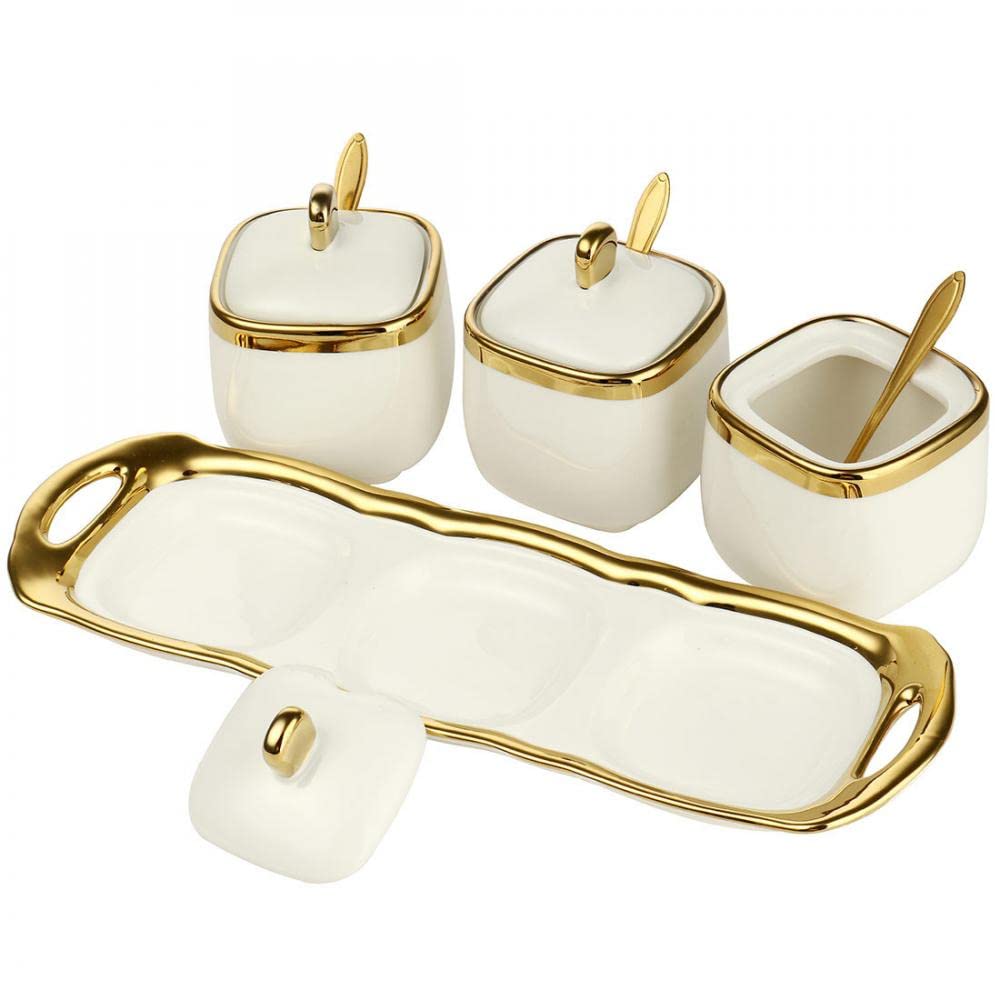 Porcelain Condiment Jar Spice Container with Tray Ceramic Serving Spoon and Lid, Spice Sugar Ceramic Condiment Pot Creative Seasoning Box for Your Home, Kitchen, Counter (White)
