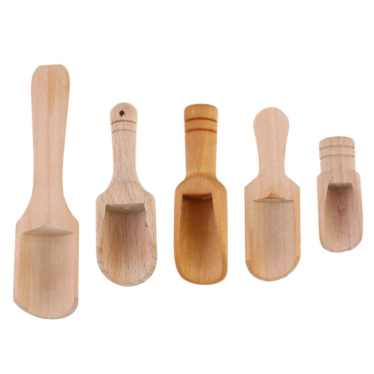 DOITOOL Mini Wooden Salt Spoon Set 5Pcs Small Tea Scoop Kitchen Spice Shovels for Flour Sugar Cereal Serving with Various Handles 4.33In