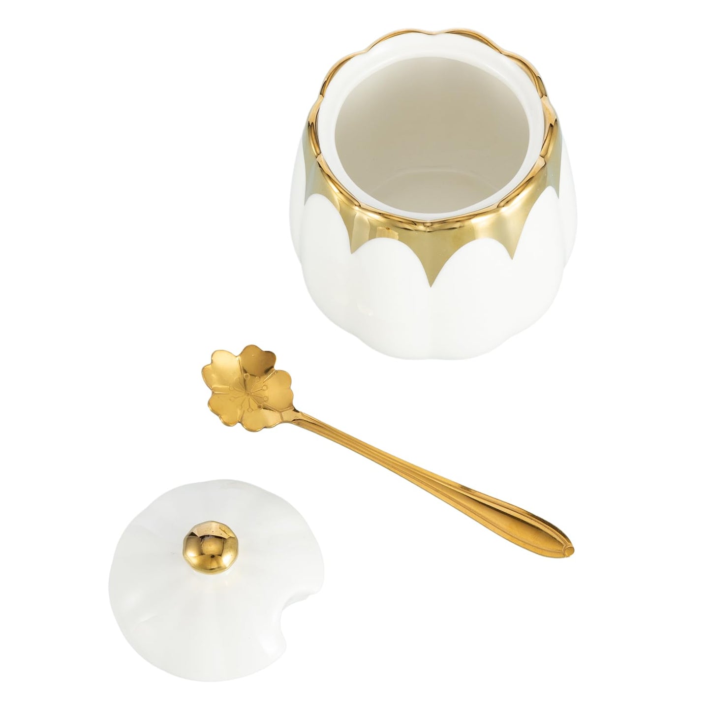 Milky Way Set of 3 Ceramic Condiment Pots Sugar Bowl,Porcelain Sugar Holder with 1Tray, Lid and Spoon Salt Container Modern Seasoning Jars for Counter Home and Kitchen (White gold)