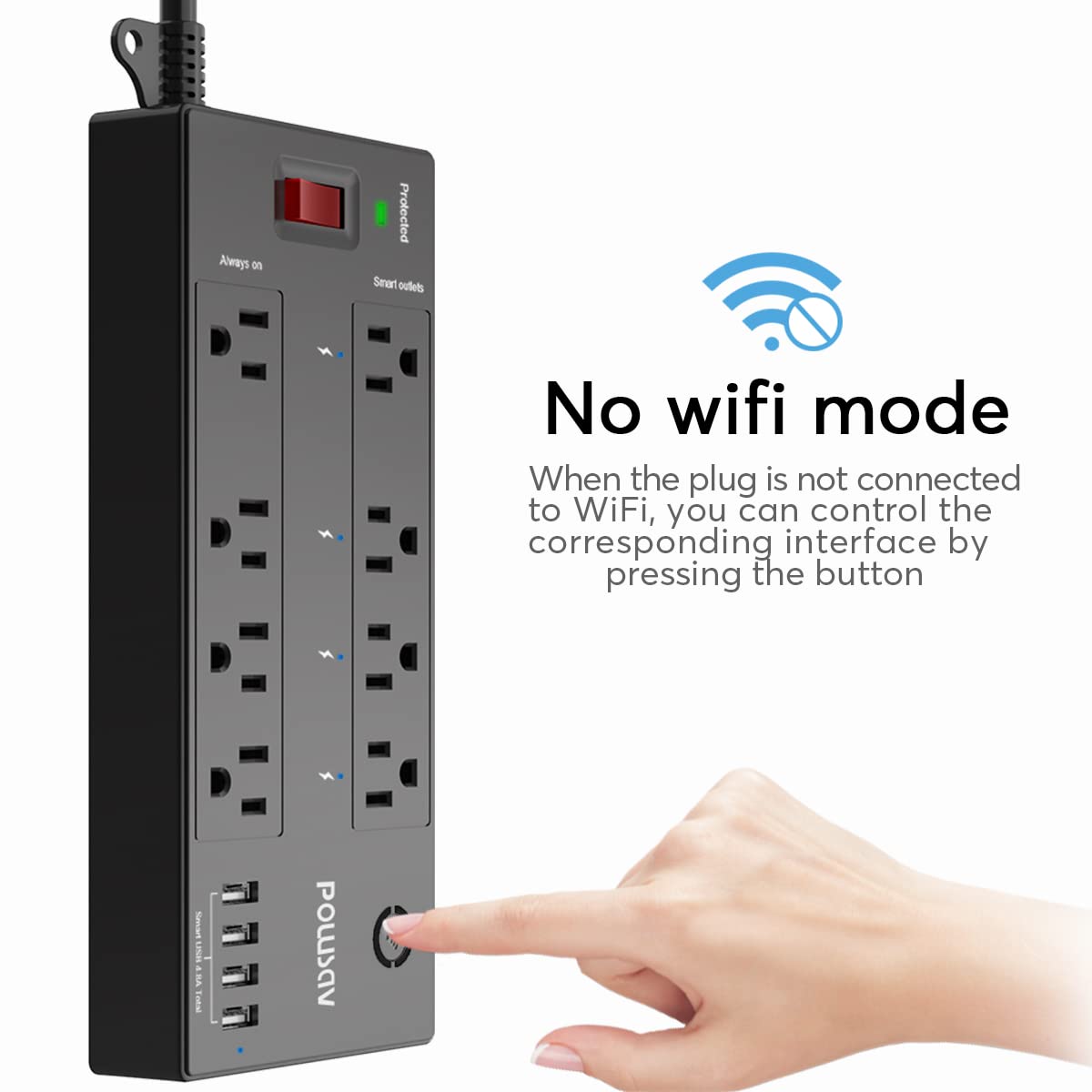 6 Ft WiFi Surge Protector - 8 Outlet Extension Cord with 4 Smart & 4 Always On Outlets, 4 USB Ports, Alexa & Google Home Compatible, Black