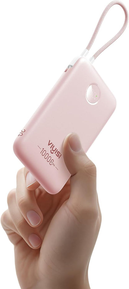 VIYISI Slim Portable Charger Power Bank 10000mAh, PD 20W Fast Charging Compact Battery Pack with Built-in USB C Cable, Travel Essential Compatible with iPhone 17 16 15, Samsung, Android - Pink