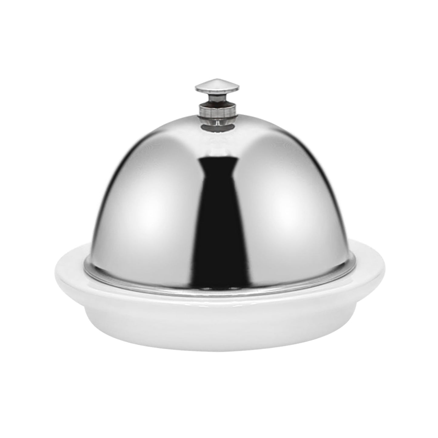 EATAKWARD Ceramic Butter Dish with Stainless Dome Cover, Cheese Dish with Lid, Small Cheese Plate Serving Tray with Silver Handled Lid for Countertop, Dessert, Cupcake, Cream Cake, Appetizer