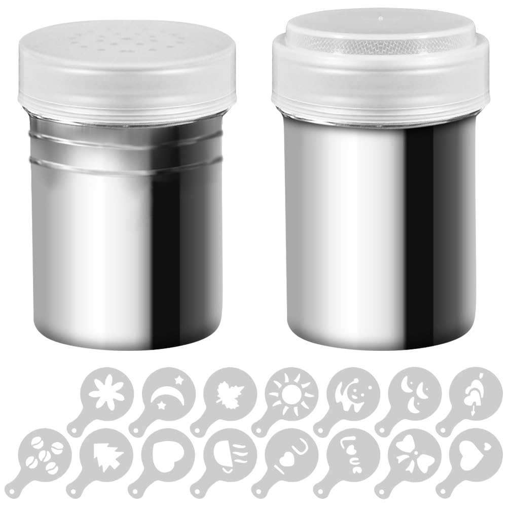 2 Pcs Stainless Steel Dredges and Powdered Shaker with 16 pcs Printing Molds Stencils, SENHAI Salt Pepper Coffee Cocoa Cinnamon Power Can with Hole or Fine-Mesh Lid for Kitchen Baking Cooking