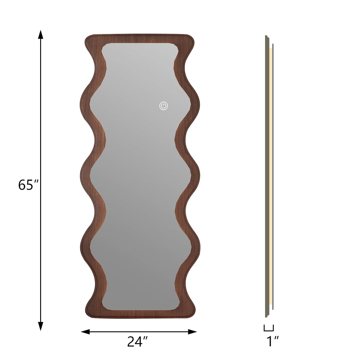 osemy 65"x 24" Irregular Wavy LED Full Length Mirror with Lights Wood Frame Full Body Mirror, Free Standing/Wall Mounted/Leaning for Dressing Bedroom Living Room Walnut Brown