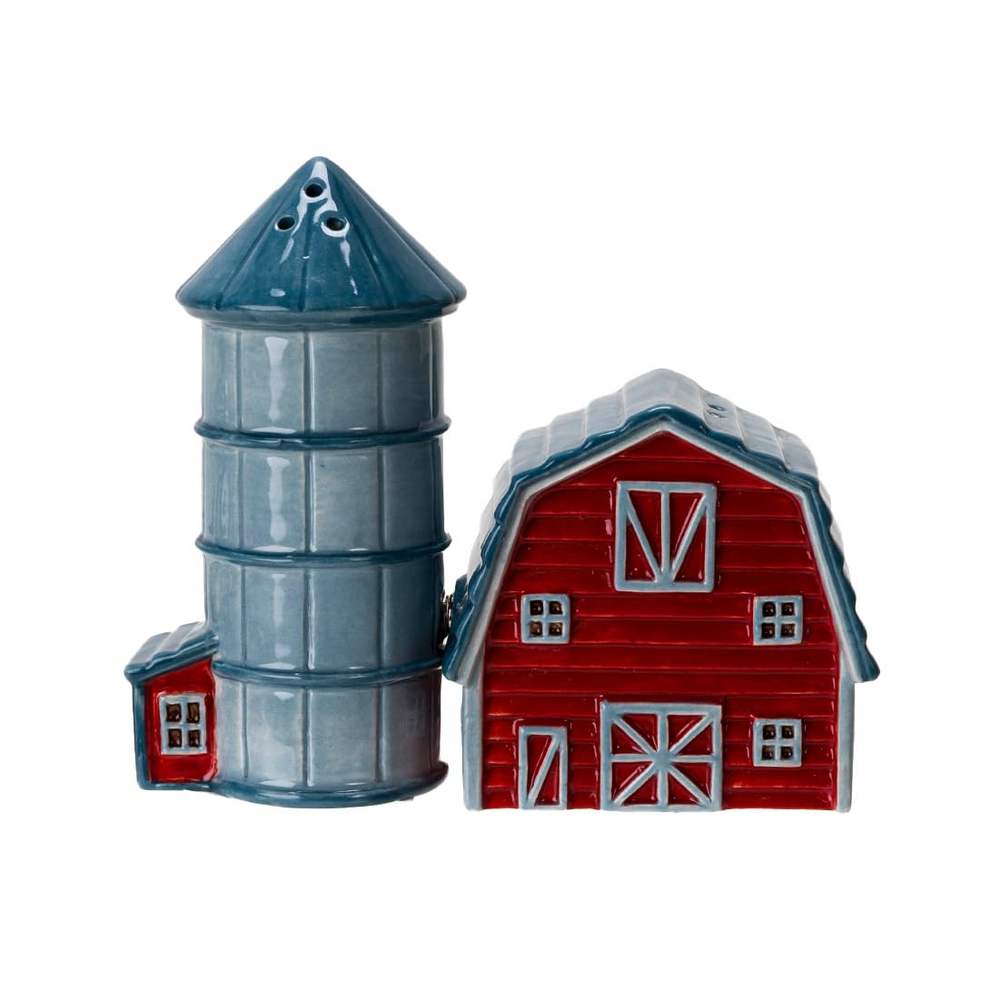 Pacific Giftware Ceramic Country Style Barn and Silo Salt and Pepper Shakers Set Farmhouse Kitchen Table Decor Rustic Red Barn Design Collectible Novelty Gift 2.2"H