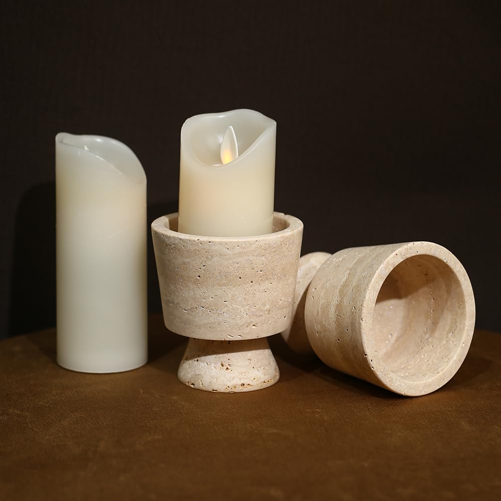 Premium Natural Marble Small Stone Pillar Candle Holder, with Unique Veined Pattern, Decor for Desk, Nightstand, Bathroom or Living Room, Luxe Home for Tea Light