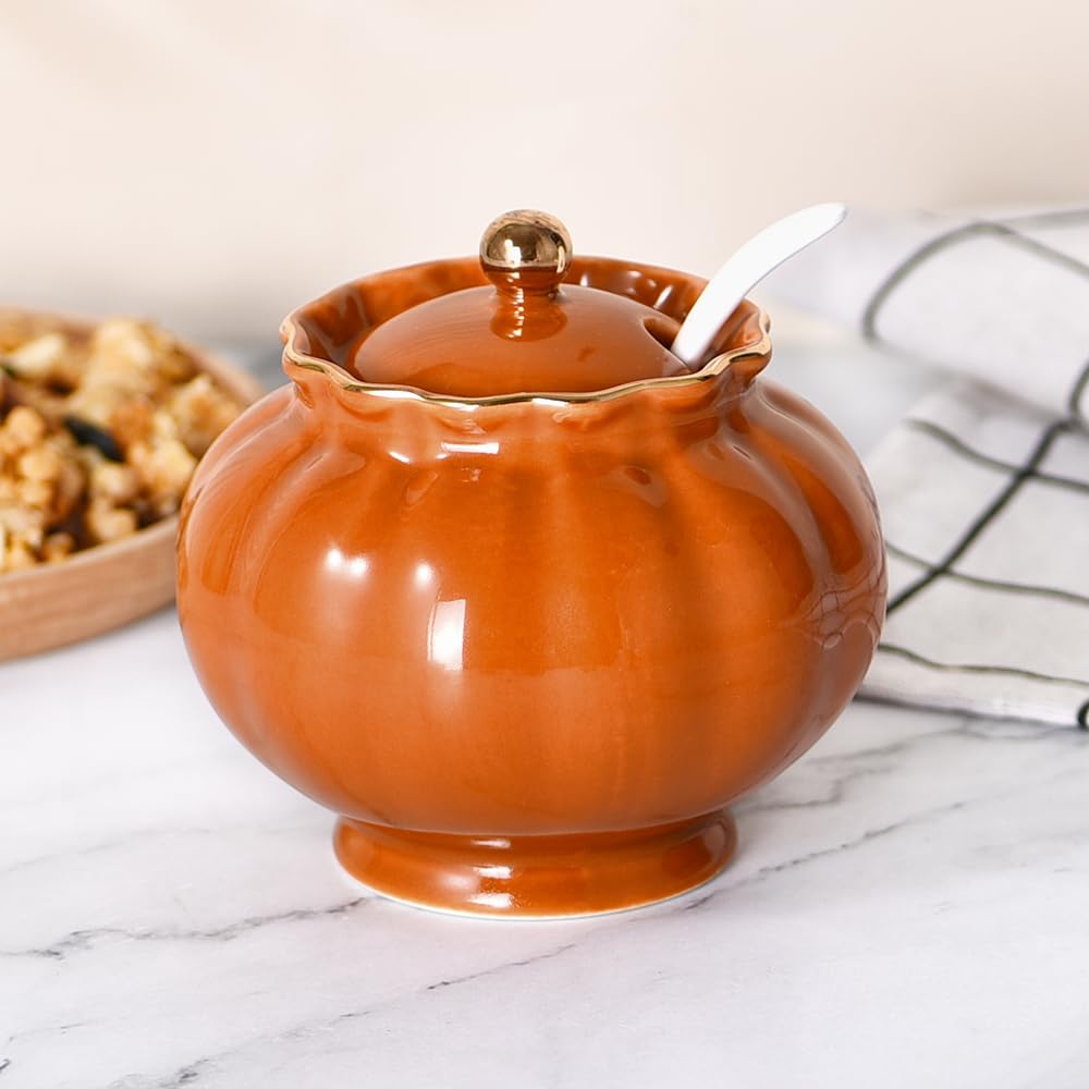 Ursword Ceramic Sugar Bowl, Salt Cellar with Lid and Spoon, 9oz Sugar Jar for Coffee Bar, Salt Box Sugar Containers for Seasoning, Spice, Sauce, Elegant Decor for Kitchen Countertop