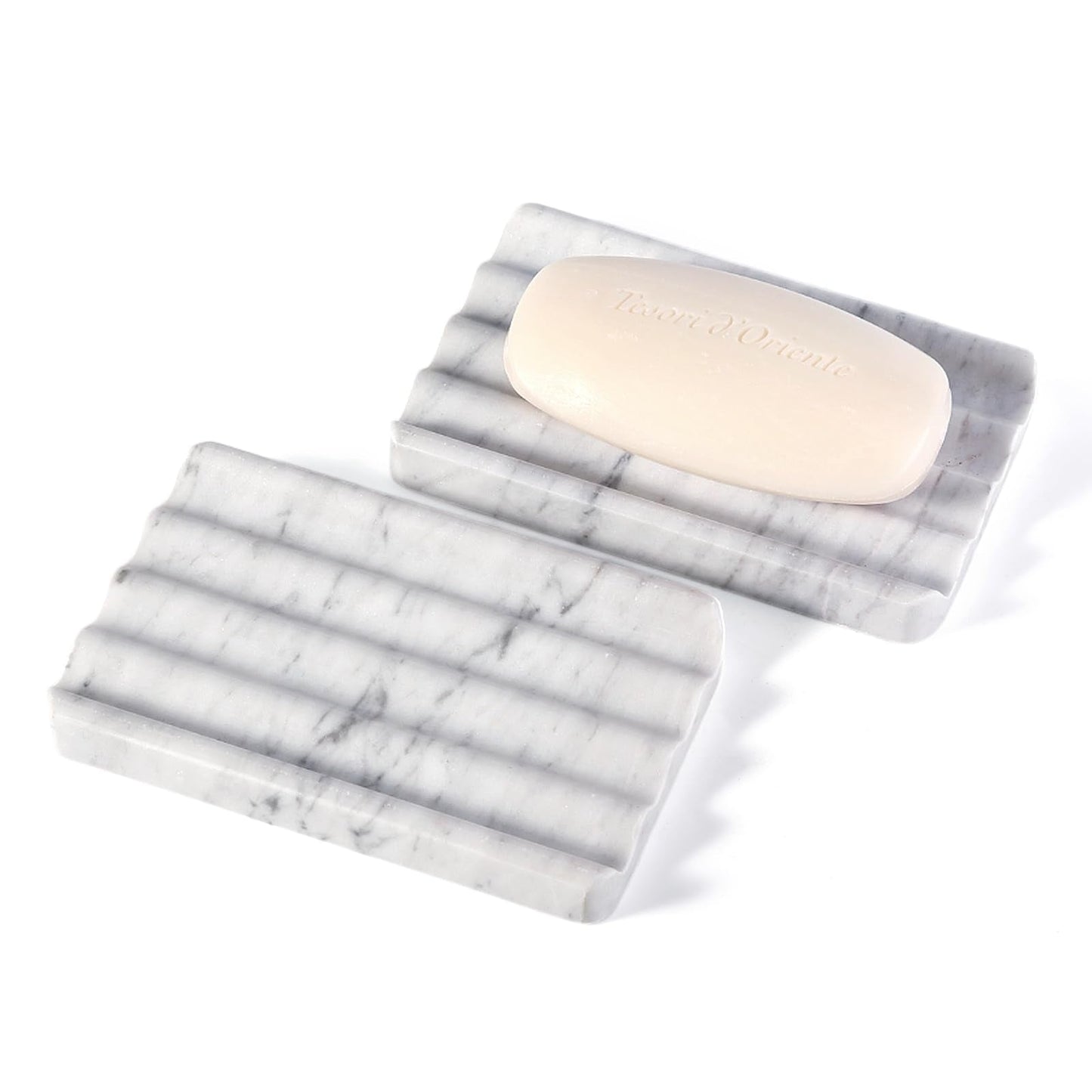 2PCS Koville Italian Natural Marble Soap Dish for Shower, Stone Soap Tray for Bathroom, Bar Soap Holder for Sink, Stripe Grooves Saver Keep Bars Dry Easy Clean (Bianco Carrara)