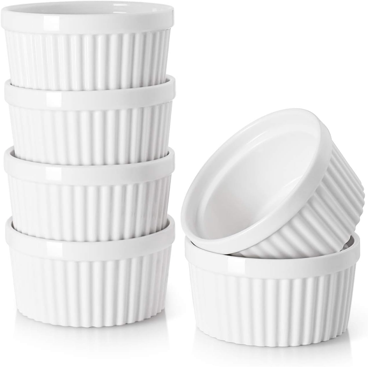 DOWAN Ramekins 6 oz Ceramic Ramekins Set of 6, Oven Safe Souffle Dishes for Air Fryer Baking, Mini Round Baking Cups for Creme Brulee, Dipping Sauces, Desserts and Prep Bowls, White