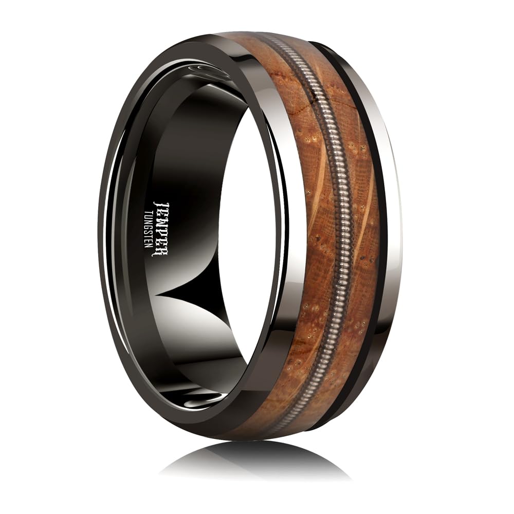 JEWPER 8mm Men Womens Wedding Band Tungsten Rings dark gun black Fashion Promise Carbide Inlaid Guitar Strings whiskey barrel wood Matte Finish Edge Comfort Fit Size(7)