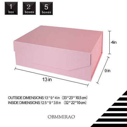 OBMMIRAO 1Pcs Pink 13x9x4 Inch Upgrade Hard Large Gift Box with Lid, Foldable Magnetic Gift Boxes,Groomsman Box Bridesmaid Proposal Box, Reusable Gift Boxes for Clothes