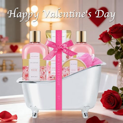 spa luxetique Gift Set For Women, Bath Sets for Women Gift, 8 Pcs Rose Spa Basket Includes Bubble Bath, Shower Gel, Body Lotion, Mom Birthday Gifts, Mother‘s Day Gift, Valentines Day Gifts for Her