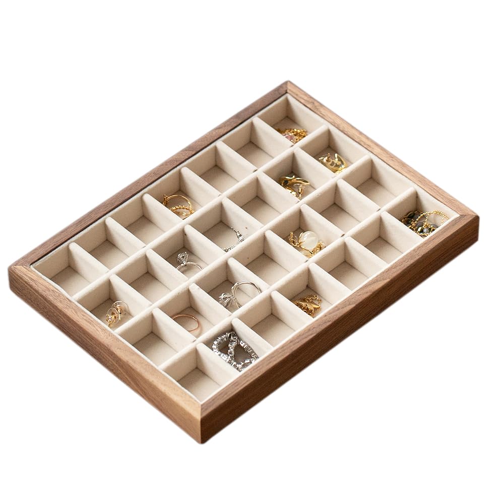 MIGAKU HOME 28-Grid Black Walnut Wooden Jewelry Tray with Velvet Lining, Premium Jewelry Display Tray for Earrings and Rings, Drawer Organizer Display Tray for Women's Jewelry Collection