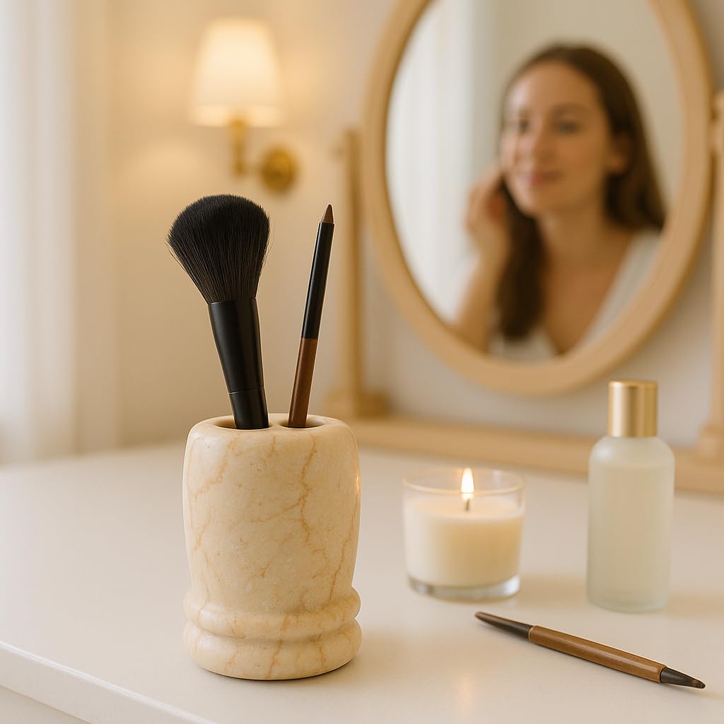 Creative Home Marble Toothbrush Holder, Natural Champagne Beige Double Ring Design, Hand Polished Finish, Weighted Stone & Water Resistant, 3-Slot Bathroom Countertop Organizer for Makeup Brushes