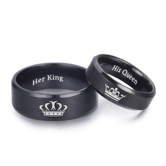 LAVUMO King and Queen Rings for Couples - 2pcs His Hers Stainless Steel Matching Ring Sets for Him and Her - Promise Engagement Wedding Band Black Comfort Fit (Men 10 & Women 9)