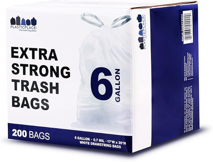 Plasticplace 6 Gallon Trash Bags White Drawstring Garbage Can Liners, 17” x 20”