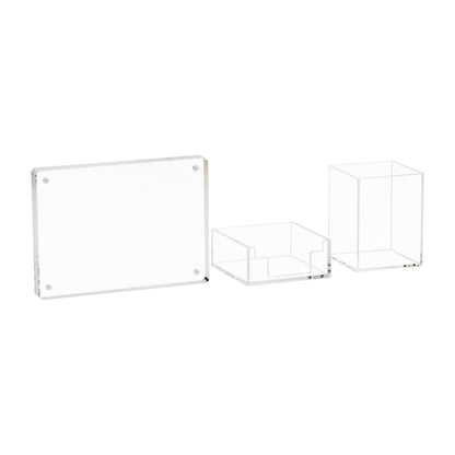 Mind Reader 3-Piece Desk Organizer Set, Pen Holder, Photo Frame and Sticky Note Tray, Desktop Organization, Office, Acrylic, Clear