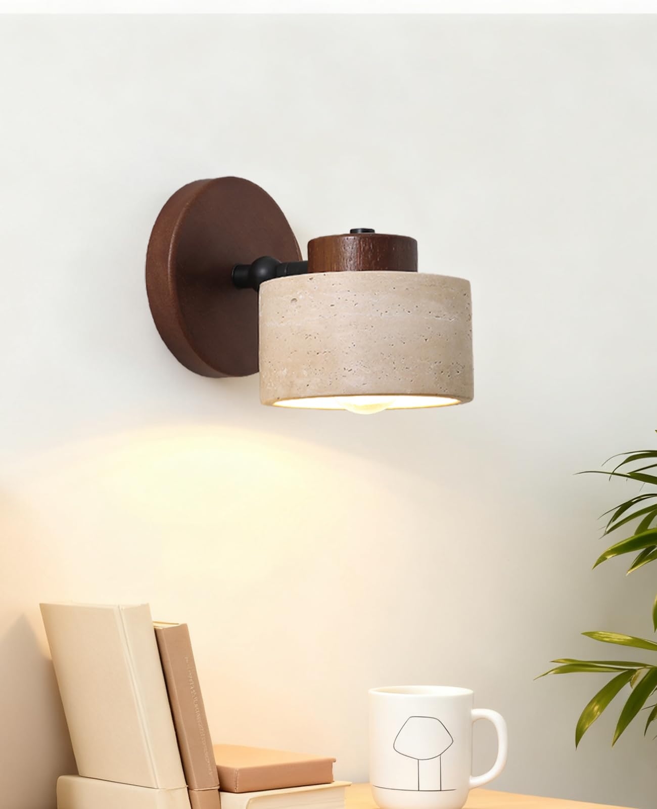 WOSBO Yellow Travertine Wall Lamp, 4.7" Wabi Sabi Marble Wall Sconce with Adjustable Natural Stone Lampshade & Wood Base, Mid Century Modern Wall Sconce for Bedside Bedroom Living Room Kitchen Island