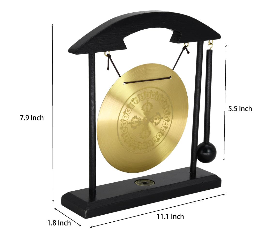 Feng Shui Desktop Gong Set, Brass Gong with Cross Vajra (Dorje) Center & Om Mani Padme Hum Mantra Ring, Solid Wood Frame & Mallet, Tibetan Zen Decor for Meditation & Energy Clearing, 11.1"W x 7.9"H