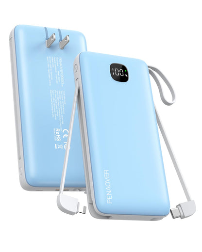Portable Charger with Built-in Cables&AC Wall Plug,Slim 10000mAh 22.5W Fast Charging Power Bank,5 Output 2 Input USB-C External Battery Pack Compatible with iPhones,Samsung,Android, etc