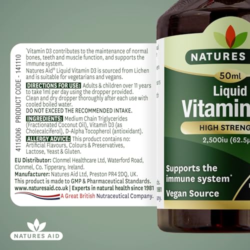 Natures Aid Vitamin D3 Liquid 2500iu 50ml – High Strength Cholecalciferol Vit D Drops – Bone & Immune Support – Vegan, Non-GMO, Gluten-Free – Natural Supplement Includes Dropper